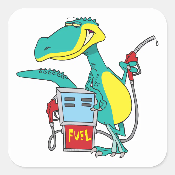 dinosaur gas pump fossil fuel cartoon square sticker | Zazzle