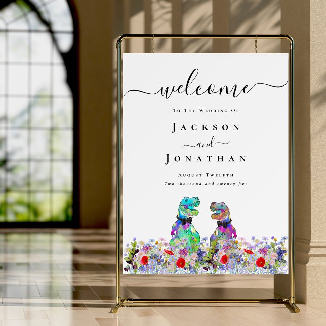 Dinosaur Gay Wedding Welcome Personalized  Foam Board (Dinosaur theme gay wedding welcome sign wildflower meadow colorful T-Rex grooms)