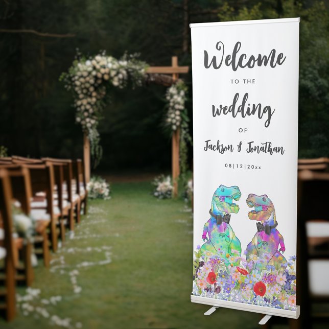 Dinosaur Gay Wedding Welcome Retractable Banner (Dinosaur gay wedding welcome sign Watercolor wildflower meadow colorful T-Rex 2 grooms)