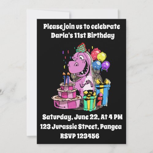Dinosaur Girl 11th Birthday Bday Party Invitation