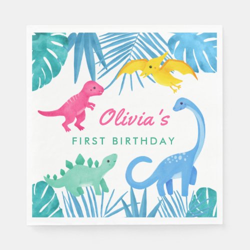 Dinosaur Girl 1st Birthday Colorful Napkins