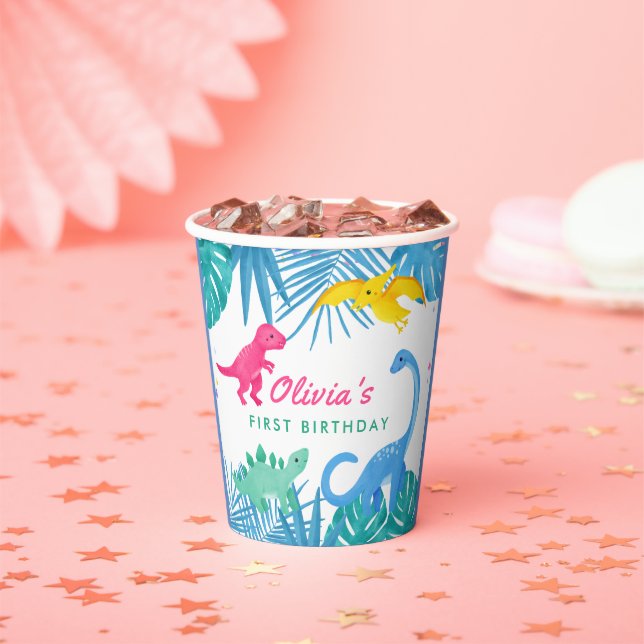 Dinosaur Girl 1st Birthday Colorful Paper Cups (Insitu)
