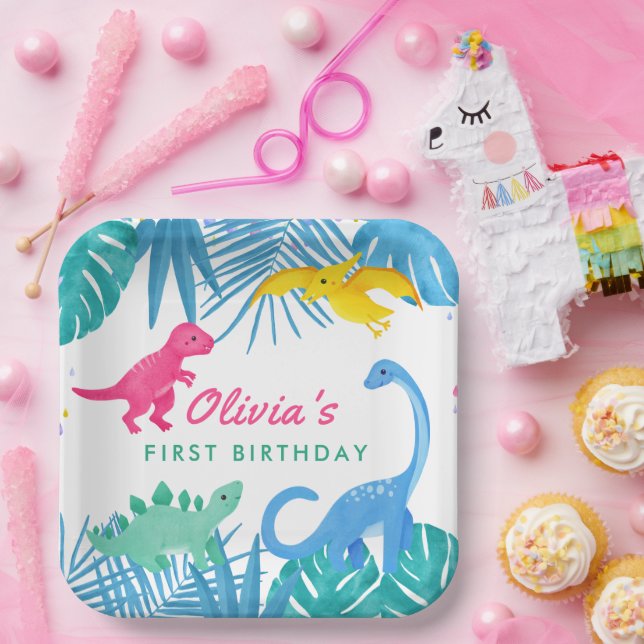 Dinosaur Girl 1st Birthday Colorful Paper Plates (Party)