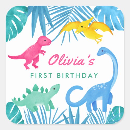 Dinosaur Girl 1st Birthday Colorful Square Sticker