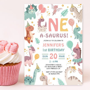 Dinosaur Girl 1st Birthday Invitation