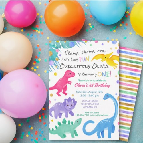 Dinosaur Girl 1st Birthday Invitation Colorful