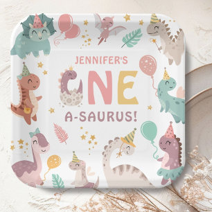 Dinosaur Girl 1st Birthday One A-Saurus Party Paper Plates