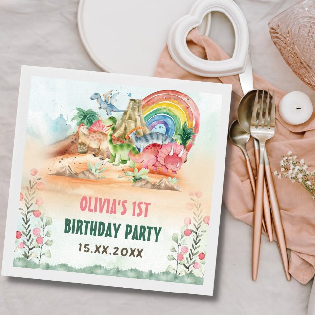 Dinosaur Girl 1st Birthday Party Napkins (Creator Uploaded)