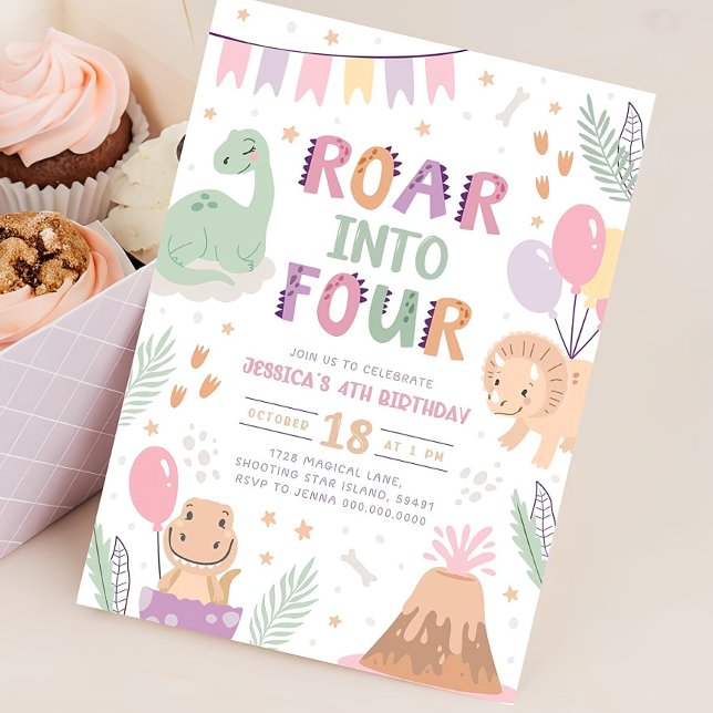 Dinosaur Girl 4th Birthday Invite Cute Baby Dino 4 (Creator Uploaded)