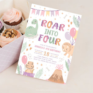 Dinosaur Girl 4th Birthday Invite. Cute Baby Dino Invitation