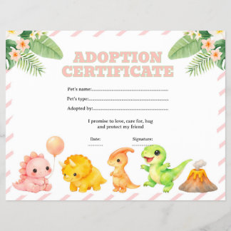Dinosaur girl adoption certificate editable flyer