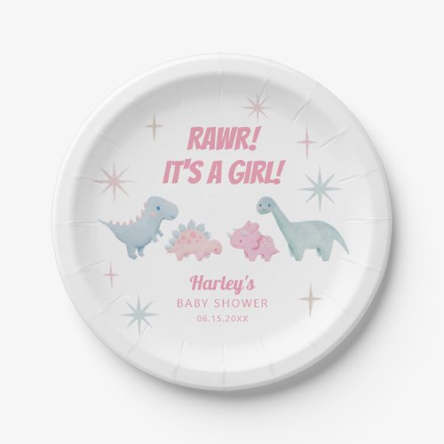 Dinosaur Girl Baby Shower Pink Paper Plates