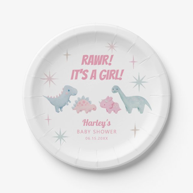 Dinosaur Girl Baby Shower Pink Paper Plates (Front)