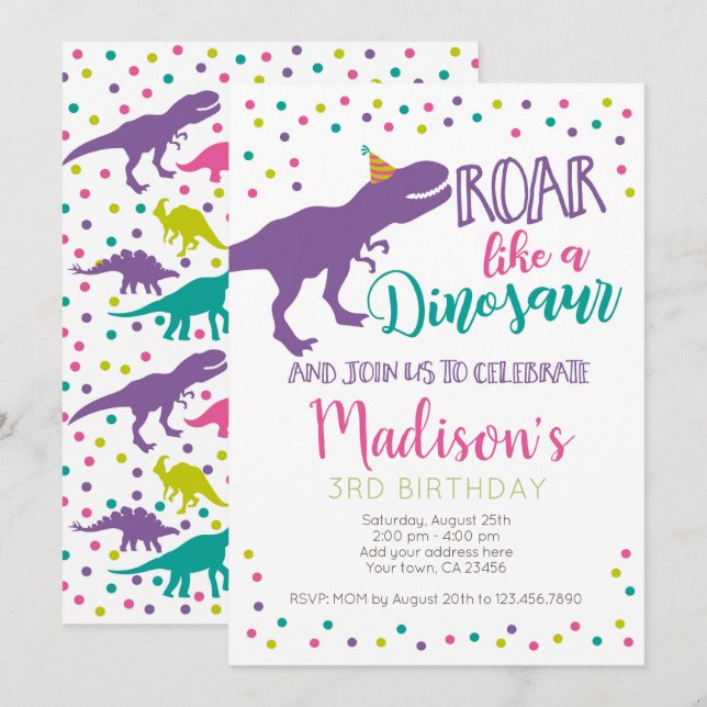Dinosaur Girl Birthday Invitation (Front/Back)