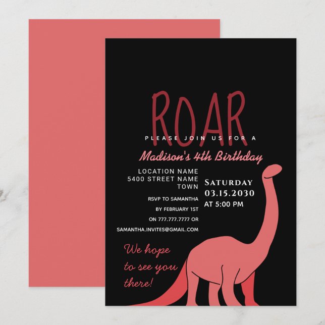 Dinosaur Girl Birthday Invitation (Front/Back)