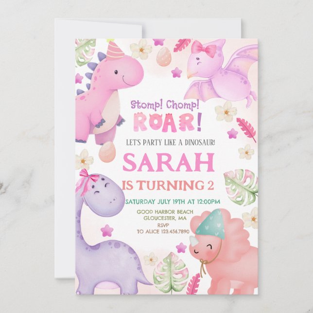 Dinosaur Girl Birthday Party Invitation (Front)