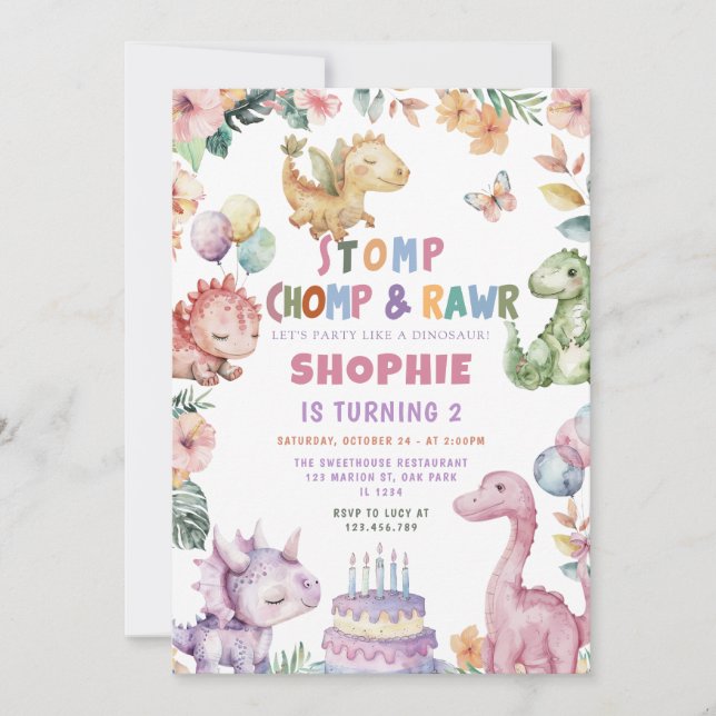 Dinosaur Girl Dino Birthday Party Invitation (Front)