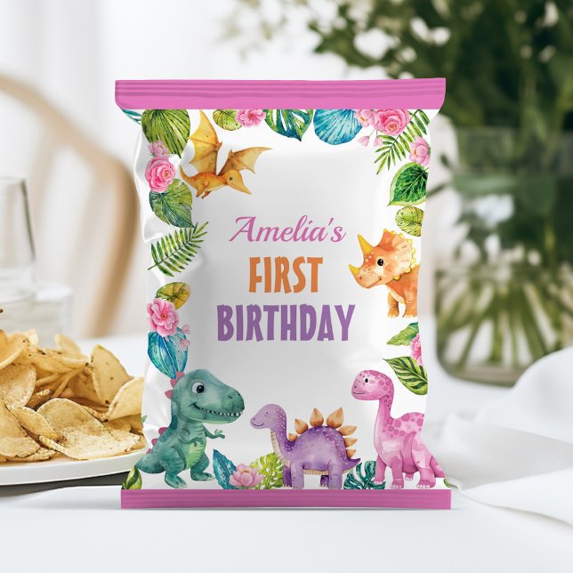 Dinosaur Girl First Birthday Chip Bag Wrapper (Creator Uploaded)