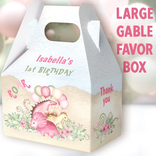 Dinosaur Girl Pastel Pink Green Birthday Large Favor Boxes (Dinosaur Girl Large Gable Favor Boxes - You can choose from 3 sizes of these gable favor boxes)