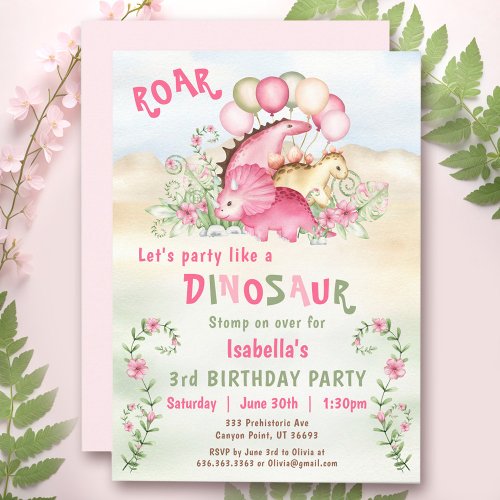 Dinosaur Girl Pink Pastel Cute Floral 1st Birthday Invitation