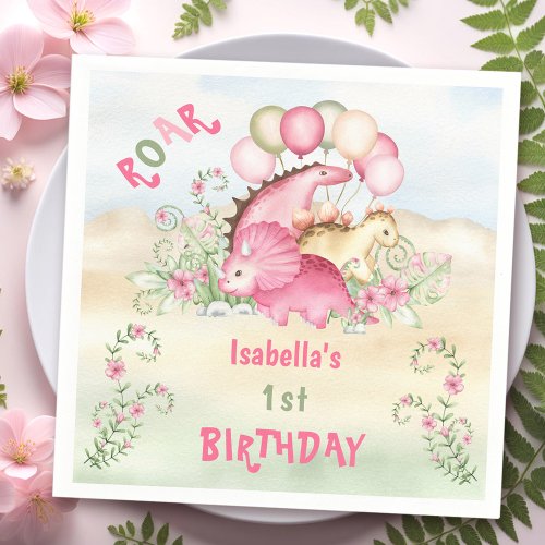 Dinosaur Girl Pink Pastel Cute Floral 1st Birthday Napkins