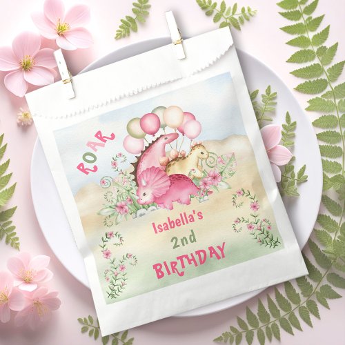 Dinosaur Girl Pink Pastel Cute Floral 2nd Birthday Favor Bag