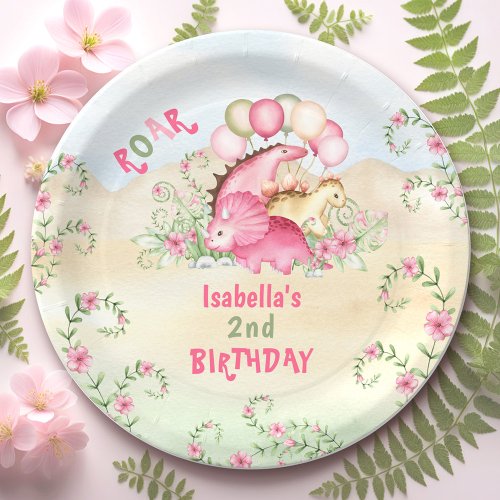 Dinosaur Girl Pink Pastel Cute Floral 2nd Birthday Paper Plates