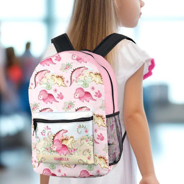 Dinosaur Girl Pink Pastel Cute Floral Name Printed Backpack (Dinosaur Girl Pink Pastel Cute Floral Name Printed Backpack)