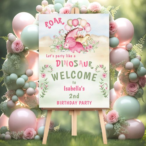 Dinosaur Girl Pink Pastel Cute Floral Welcome Foam Board