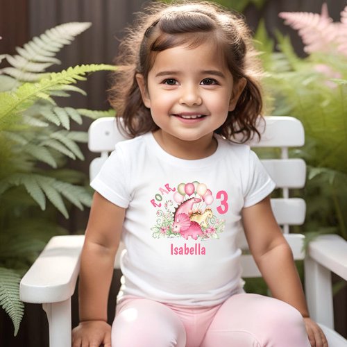 Dinosaur Girl Pink Pastel Name Floral Birthday Toddler T_shirt