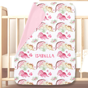 Dinosaur Girl Pink White Custom Name Baby Blanket