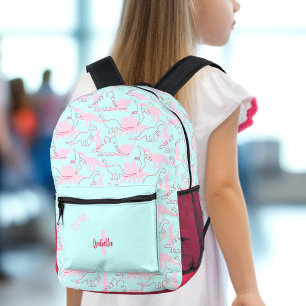 Dinosaur Girl Turquoise Blue Pink Name Monogram Printed Backpack