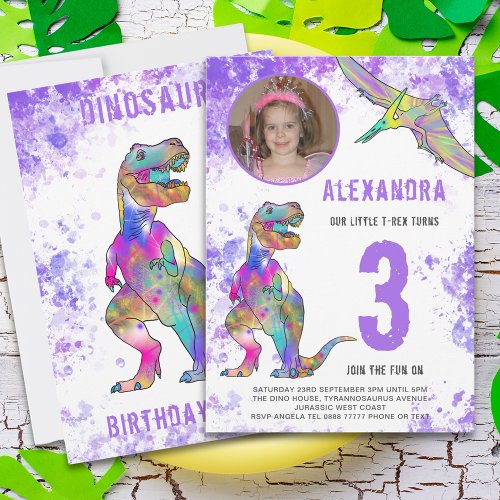 Dinosaur Girls 3rd Birthday Party Invitation