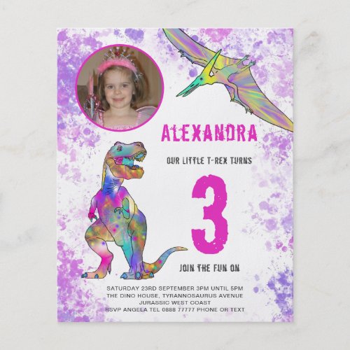 Dinosaur Girls 3rd Birthday Party Photo Budget Flyer