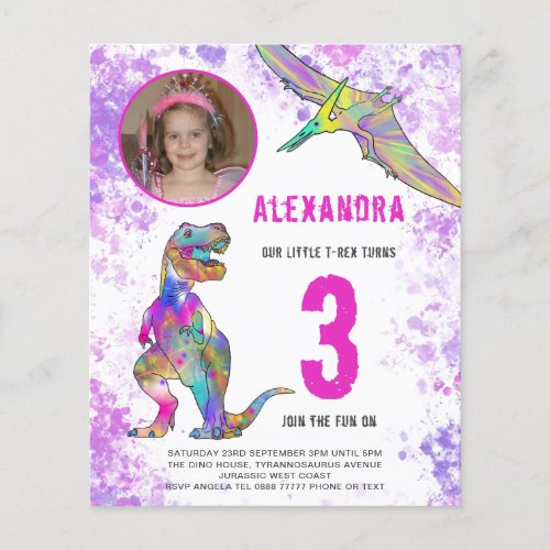 Dinosaur Girls 3rd Birthday Party Photo Budget Flyer