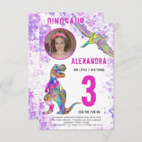 Dinosaur Girls 3rd Birthday Party Photo Invitation