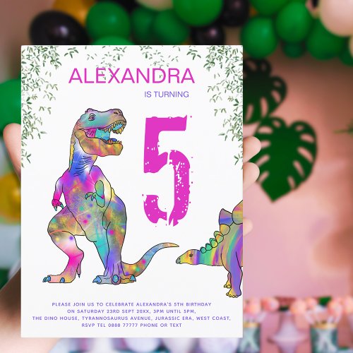 Dinosaur Girls 5th Birthday Party budget Invitation Postcard
