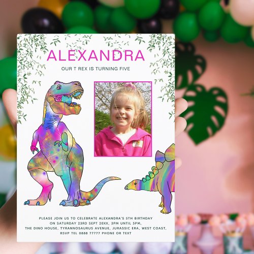 Dinosaur Girls 5th Birthday Party Budget Invitation Postcard