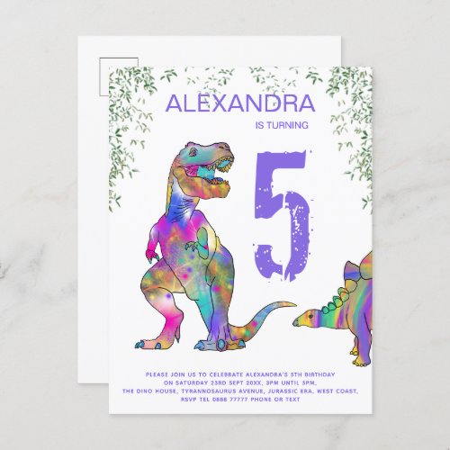 Dinosaur Girls 5th Birthday Party purple budget Invitation Postcard