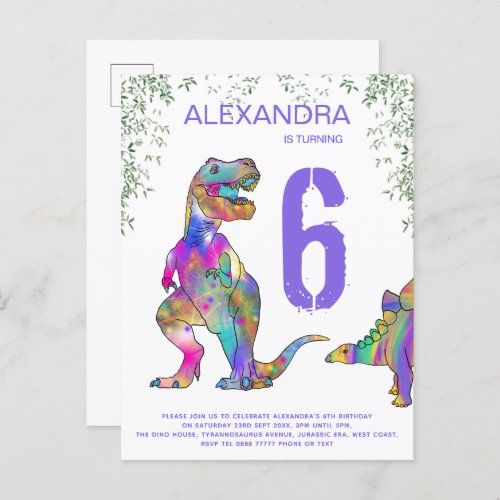 Dinosaur Girls 6th Birthday Party purple budget Invitation Postcard