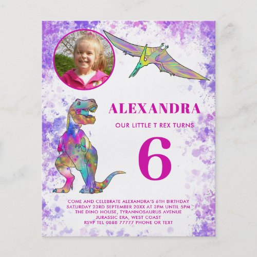 Dinosaur Girls 6th Birthday T Rex Photo purple Fly Flyer