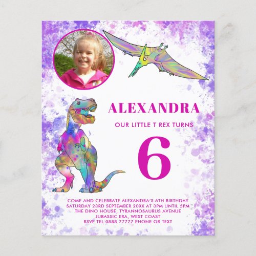 Dinosaur Girls 6th Birthday T Rex Photo purple Fly Flyer