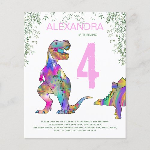 Dinosaur girls Birthday Party Budget Invitation Flyer