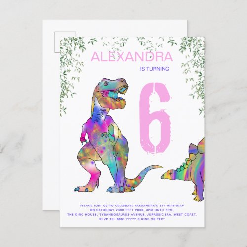 Dinosaur Girls Birthday Party budget Invitation Postcard
