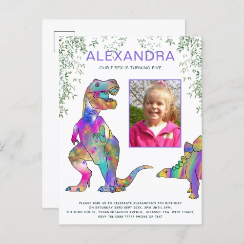 Dinosaur Girls Birthday Party Budget Invitation Postcard