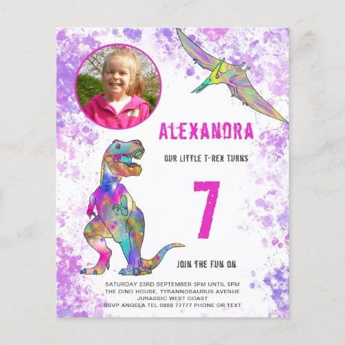 Dinosaur Girls Birthday Party Photo Budget Flyer