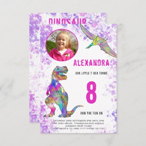 Dinosaur Girls Birthday Party Photo Invitation