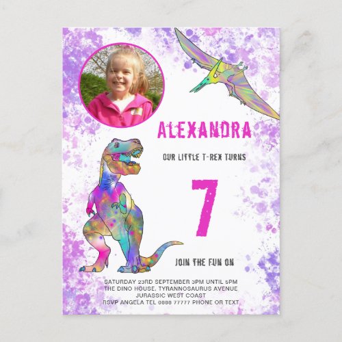 Dinosaur Girls Birthday Party Photo Invitation Postcard