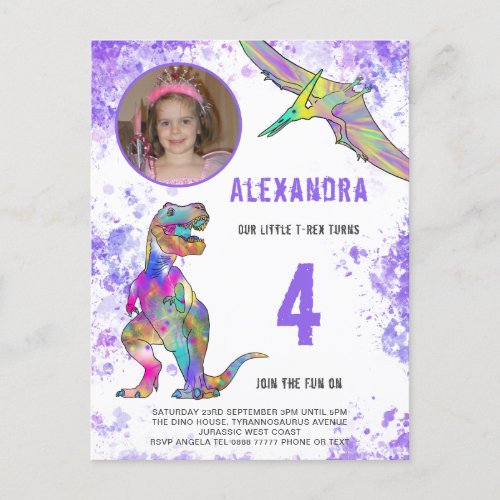 Dinosaur Girls Birthday Party Photo Modern Invitation Postcard