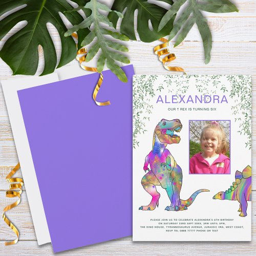 Dinosaur Girls Birthday Party Photo Purple Invitation
